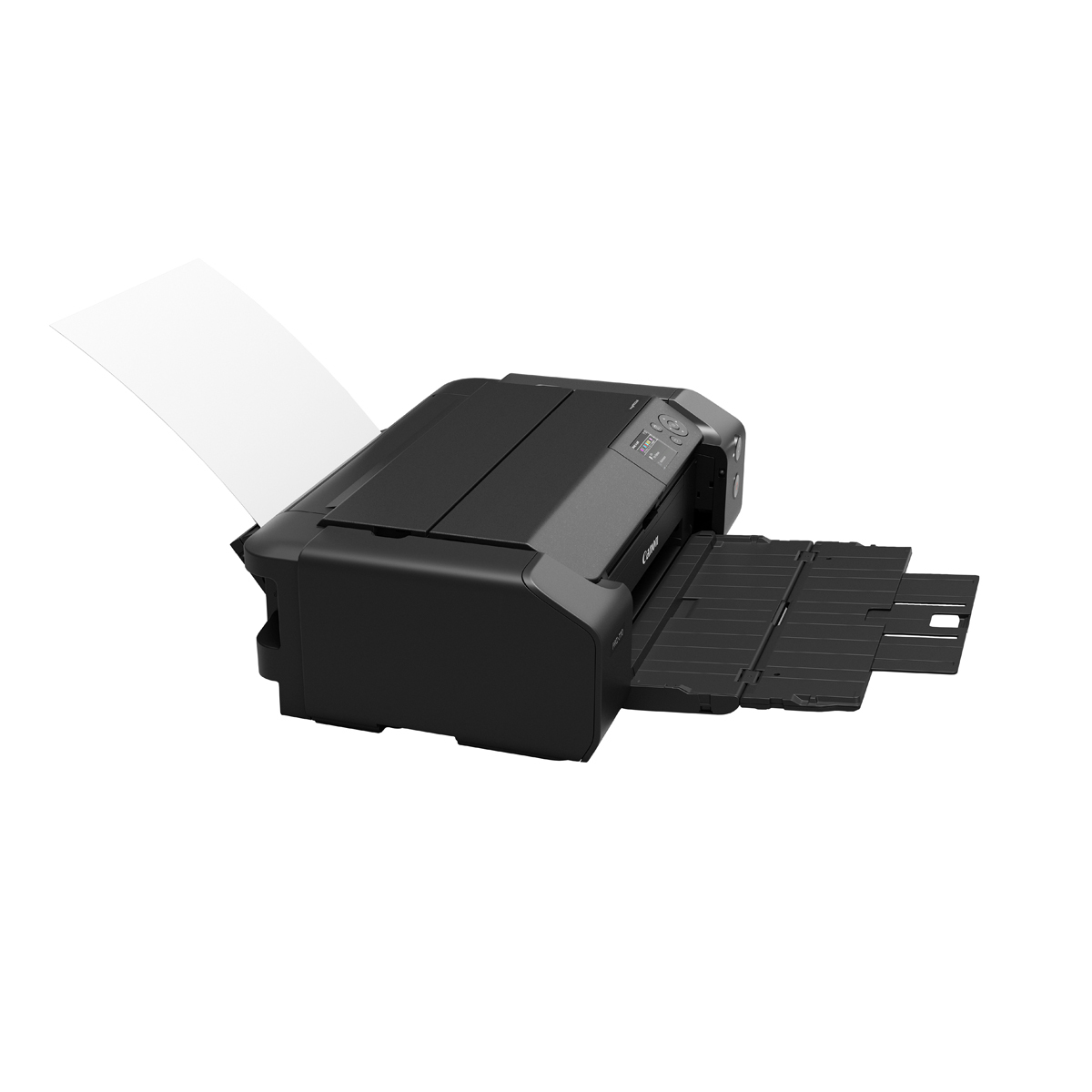 Schwarzer Canon Fotodrucker in Rückansicht mit ausgeklappten Papierführungen und eingelegtem Blatt auf weißem Hintergrund.