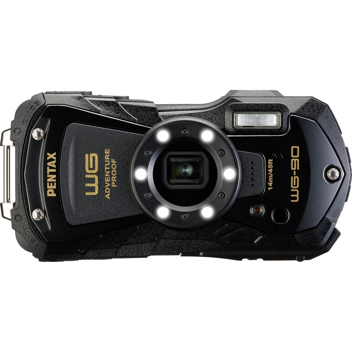Robuste schwarze PENTAX WG-3 Kompaktkamera mit integriertem Blitz, zentralem Objektiv und LED-Leuchtring vor weißem Hintergrund.