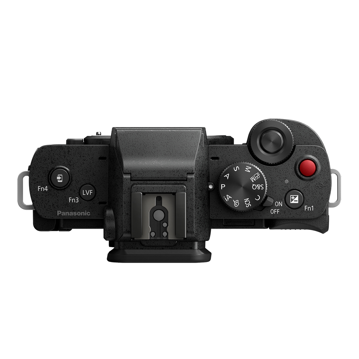 Schwarze Panasonic LUMIX Systemkamera in Draufsicht mit sichtbaren Bedienelementen, Einstellrädern, Blitzschuh und roter Aufnahmetaste auf weißem Hintergrund.