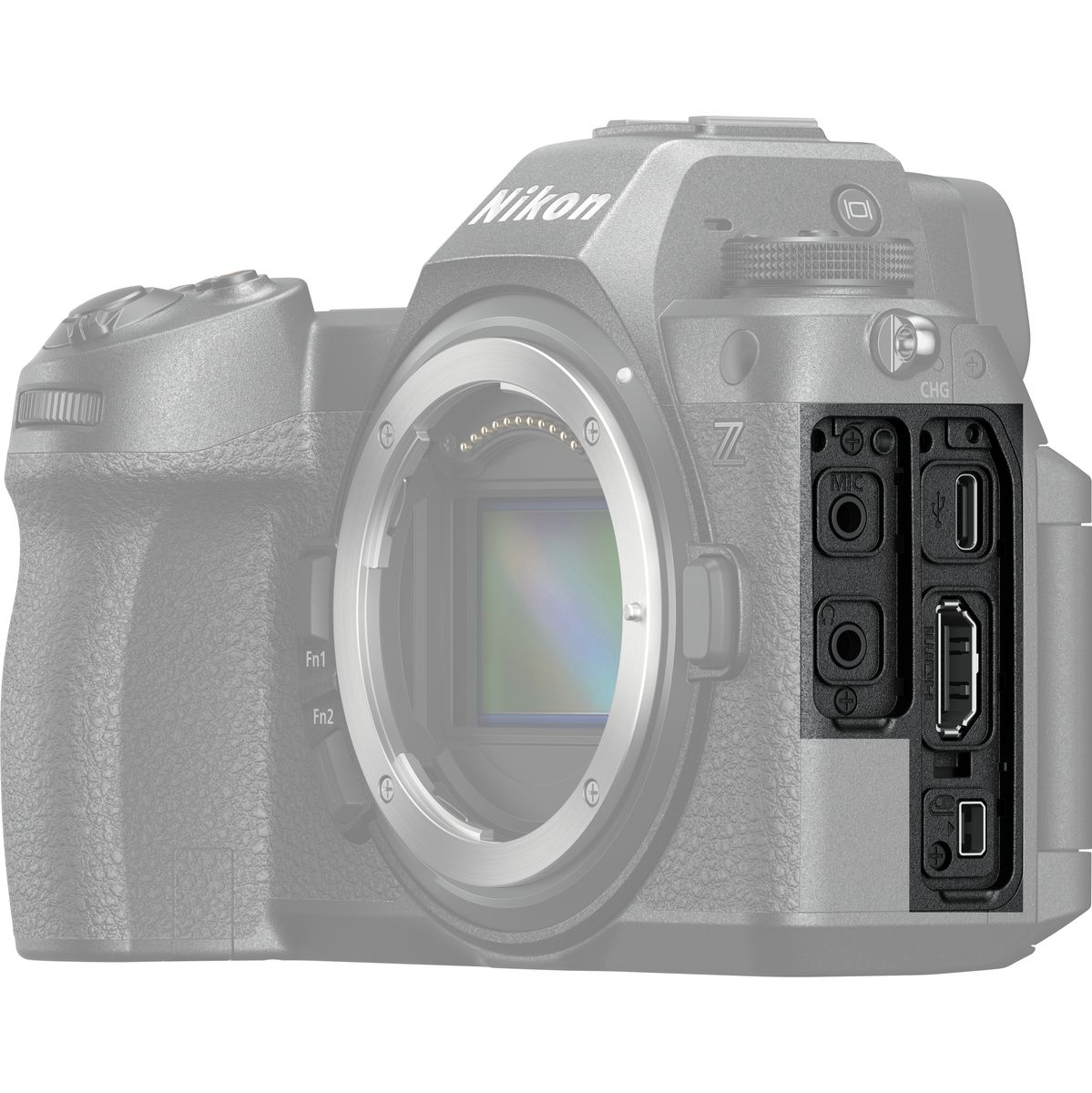 Frontale Schemazeichnung einer schwarzen Nikon Z6 II Systemkamera vor weißem Hintergrund mit abgenommenem Objektiv und freigestelltem Blick auf die geöffneten seitlichen Schnittstellen für Mikrofon-, Kopfhörer-, USB-C- und HDMI-Anschlüsse sowie einem Z-Lo