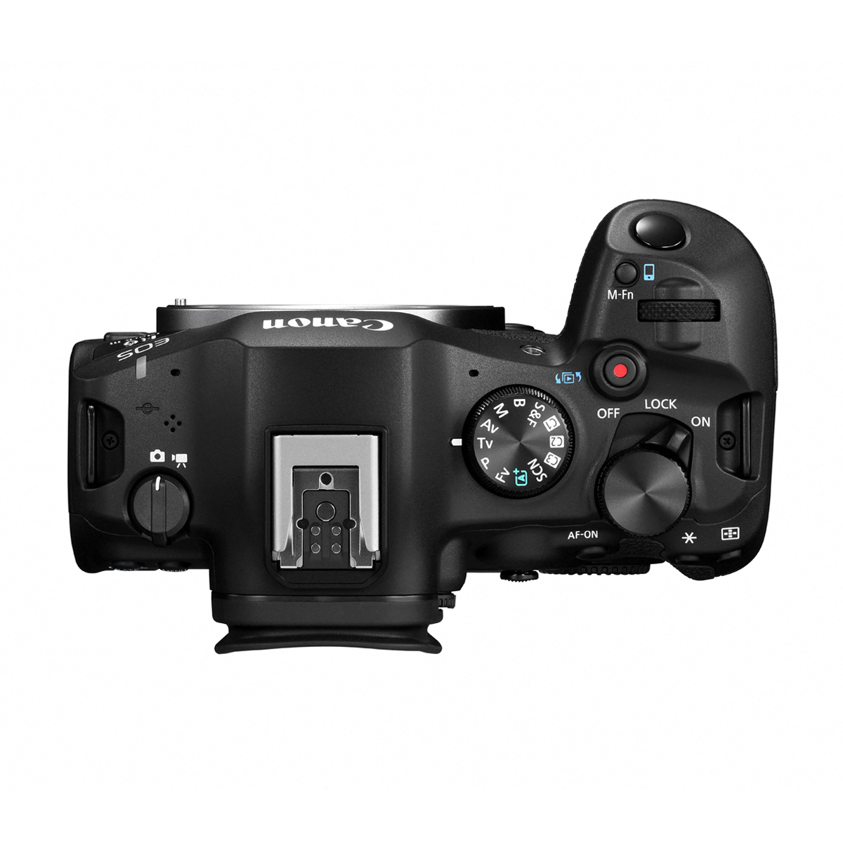 Canon EOS R6 Mark III Systemkamera in Draufsicht mit Blitzschuh, Moduswahlrad, Einstellrädern und Bedienelementen auf weißem Hintergrund.