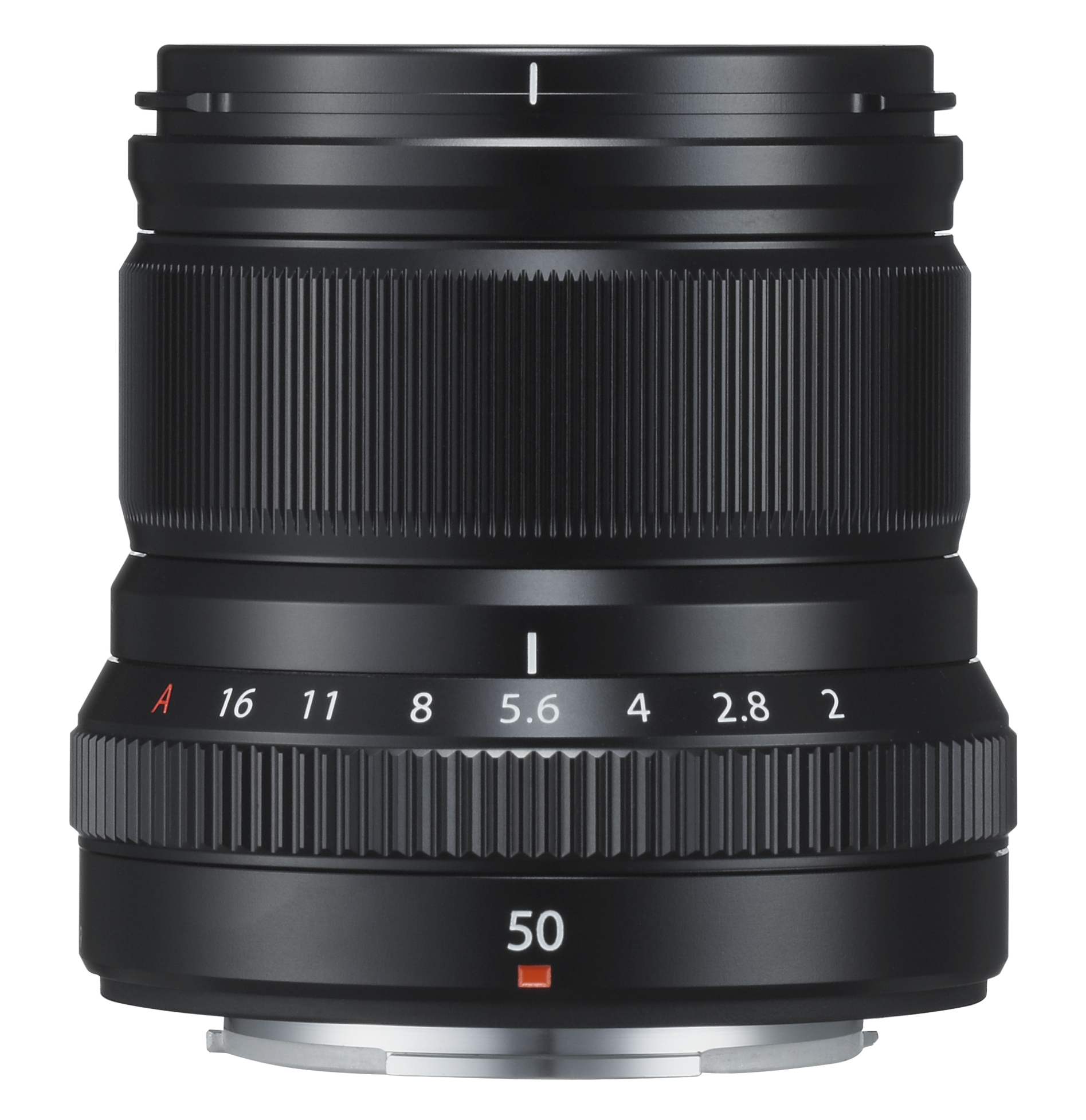 Schwarzes Fujifilm Fujinon XF 50mm f/2 R WR Kameraobjektiv in der Seitenansicht vor weißem Hintergrund, mit Fokusring, Blendenring samt eingravierten Zahlenwerten und der roten Markierung für die Brennweite 50 mm an der Unterseite.