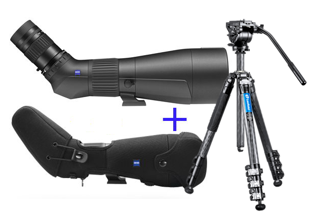 Ein dreiteiliges Produktset der Marke ZEISS auf weißem Hintergrund, bestehend aus einem großen, schwarzen Spektiv mit Schrägeinblick im oberen Bereich. Darunter befindet sich die maßgeschneiderte, schwarze Neopren-Bereitschaftstasche (Stay-on-Case) mit bl