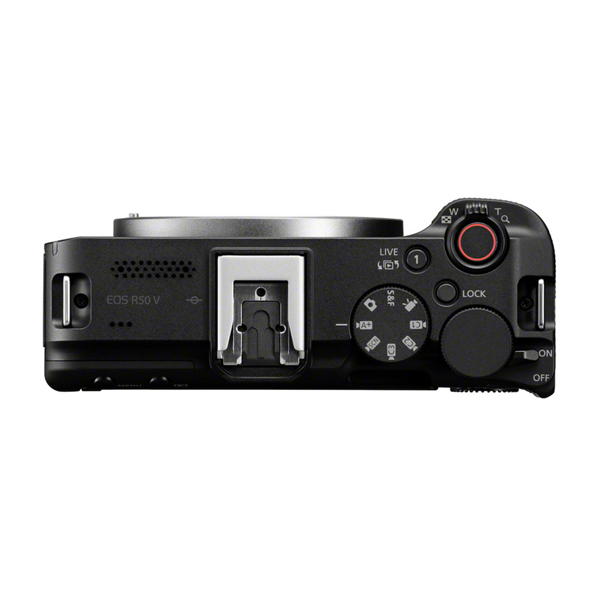 Alt-Text: Canon EOS R50 V Systemkamera in Draufsicht mit Blitzschuh, Moduswahlrad, Einstellrad und roter Video-Aufnahmetaste auf weißem Hintergrund.
