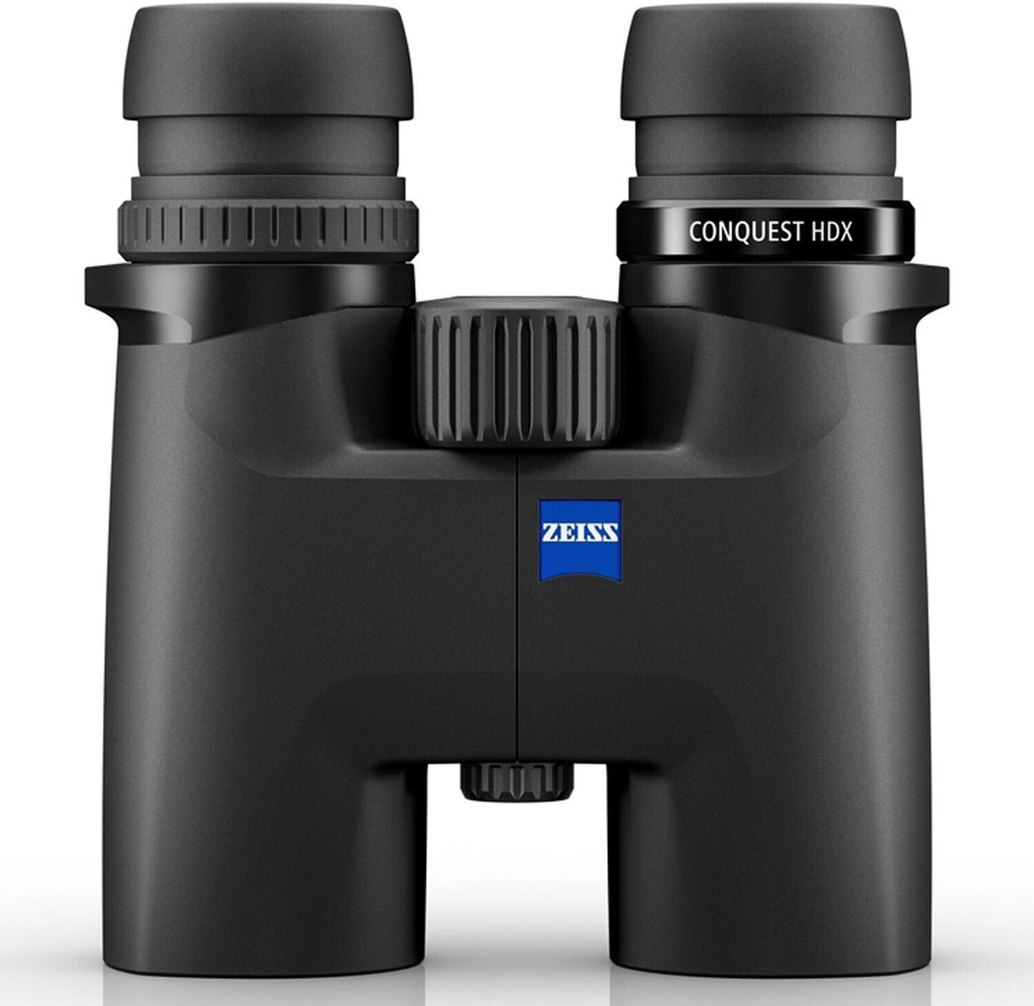 Ein schwarzes ZEISS Conquest HDX 8x32 Fernglas in der Frontalansicht, freigestellt auf einem weißen Hintergrund. Das Gehäuse zeigt das charakteristische blaue ZEISS-Logo in der Mitte und die schlanke Tubusform der 32mm-Objektivklasse. Am rechten Okularrin