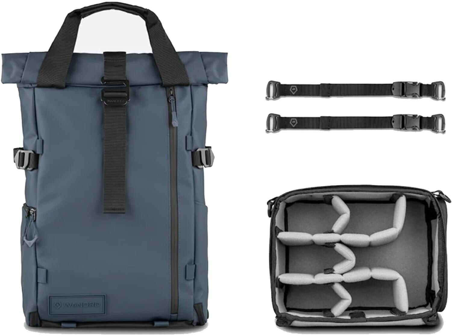 Lieferumfang des WANDRD PRVKE Photo Bundle in Blau vor weißem Hintergrund bestehend aus dem geschlossenen Roll-Top-Fotorucksack, einem herausnehmbaren, gepolsterten Kamera-Inlay (Camera Cube) und zwei schwarzen Zubehörgurten.