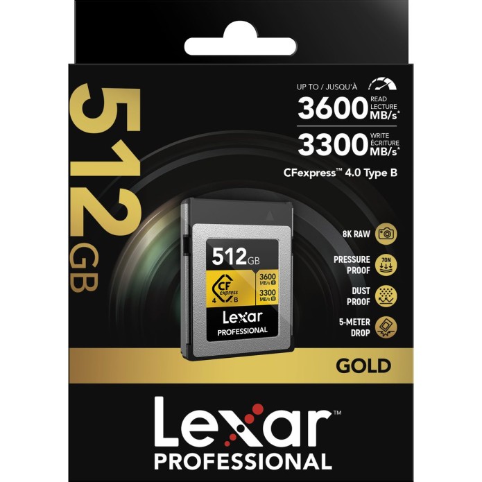 Verpackung einer Lexar Professional CFexpress 4.0 Typ B Speicherkarte aus der GOLD Series mit 512 GB Kapazität und bis zu 3600 MB/s Lesegeschwindigkeit.