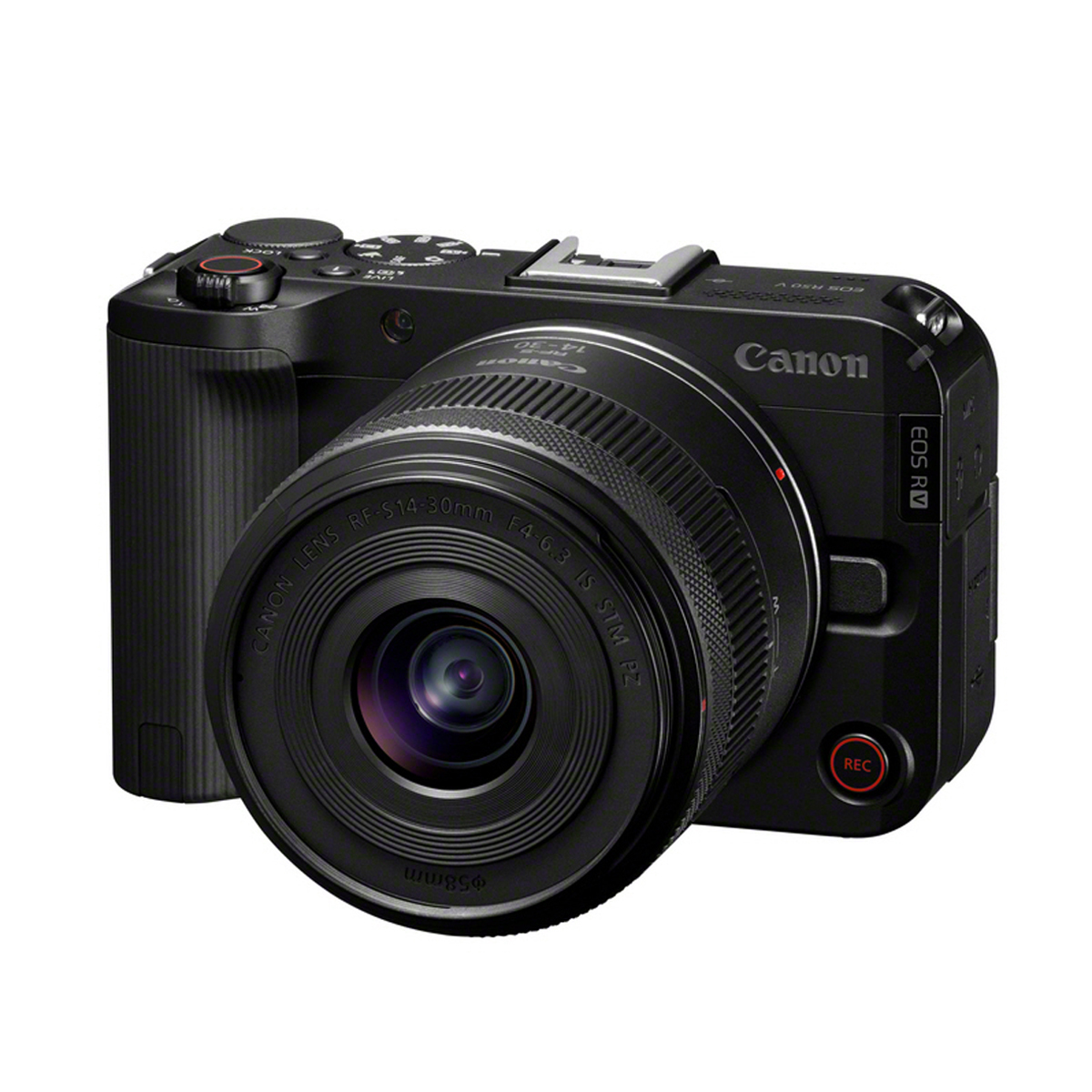 Schwarze Canon EOS R50 V Systemkamera mit angesetztem Objektiv, schräg von vorne auf weißem Hintergrund.