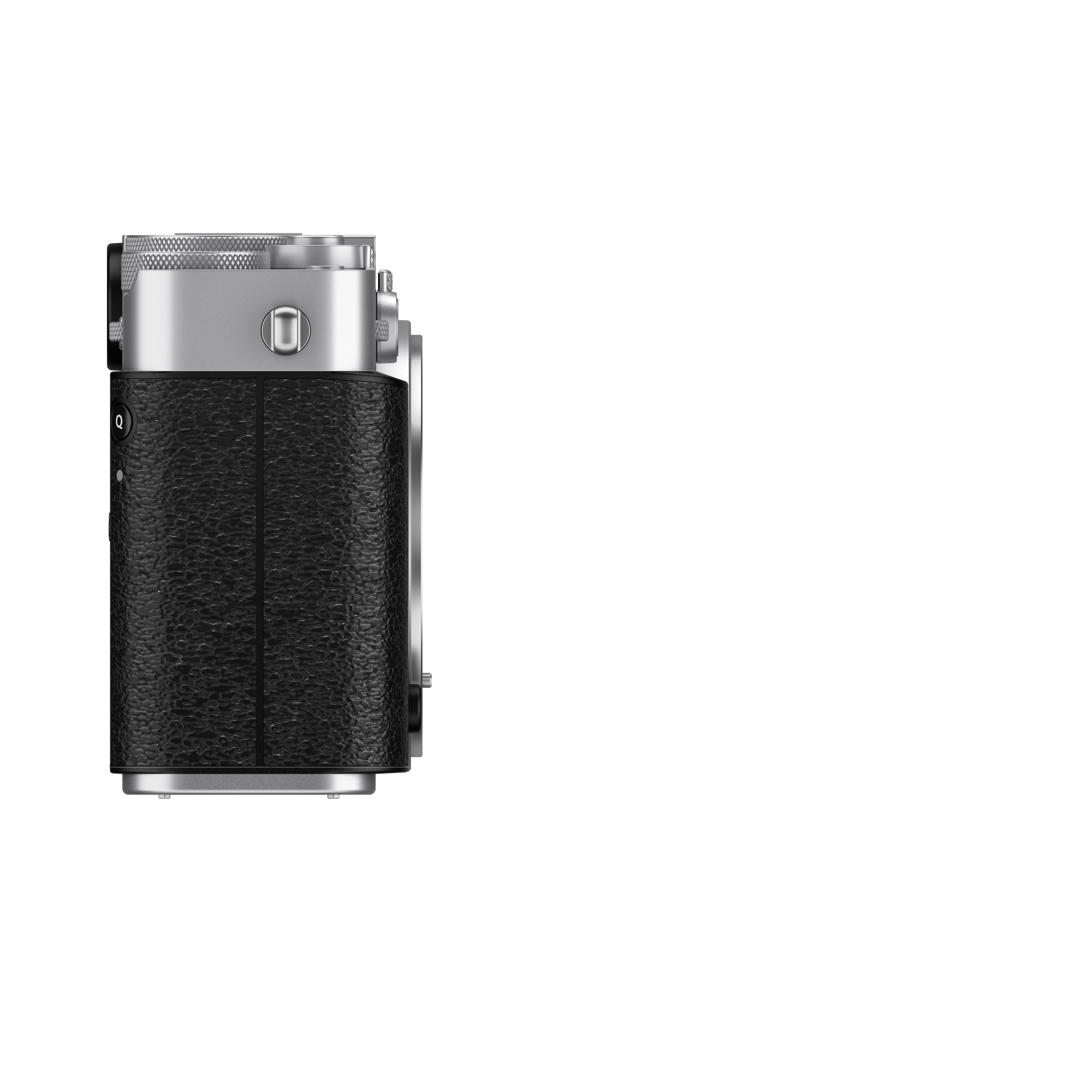 Silber-schwarze spiegellose Systemkamera der Fujifilm X-E Serie in der rechten Seitenansicht vor weißem Hintergrund, mit Fokus auf das strukturierte Gehäuse im Griffbereich, die Öse für den Trageriemen und die geschlossene Abdeckung des Speicherkarten- od
