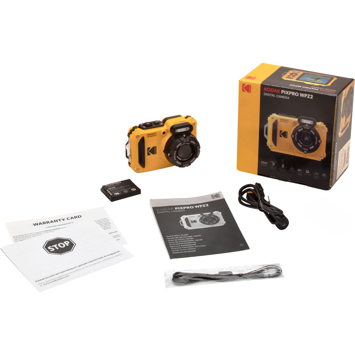 Kompletter Lieferumfang der gelben Kodak Pixpro WPZ2 Digitalkamera vor weißem Hintergrund mit Originalkarton, Benutzerhandbuch, Garantiekarte, Akkublock, USB-Ladekabel und einer schwarzen Handschlaufe.